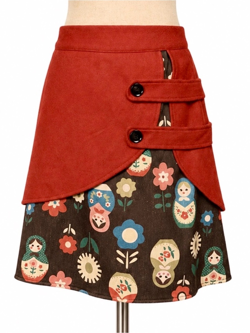 MissLook Russian nesting dolls, wool & print button strap asymmetrical skirt. M